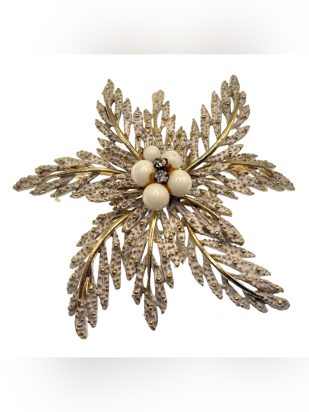 Vintage Large Floral Brooch White Enamel Gold Tone Dangle Leaf Unmarked MCM